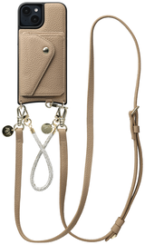 AVY Apple iPhone 15 Beige Leren Hoesje met Wallet & Koord Leather and Silver