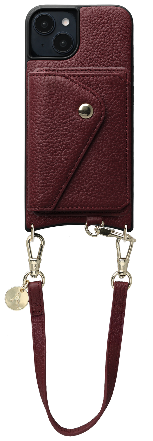 AVY Apple iPhone 15 Burgundy Leren Hoesje met Wallet & Koord Short Leather afbeelding 1