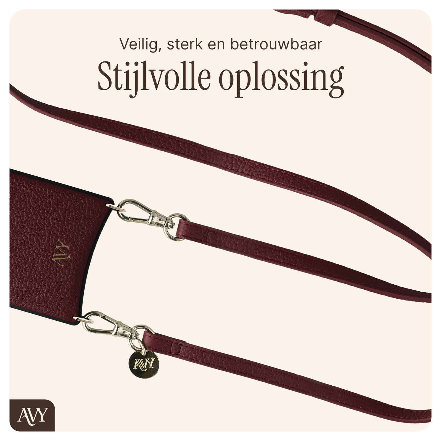 AVY Apple iPhone 15 Burgundy Leren Hoesje met Wallet & Koord Long Leather afbeelding 9