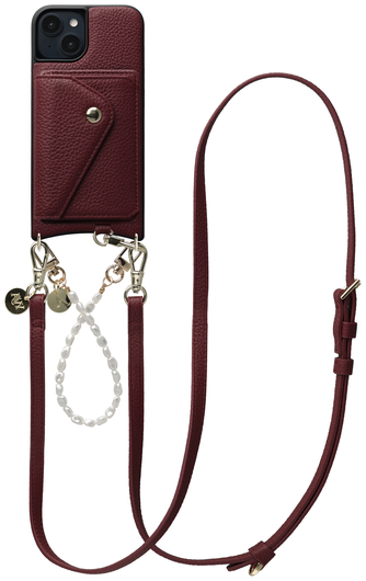 AVY Apple iPhone 15 Burgundy Leren Hoesje met Wallet & Koord Leather and Pearls afbeelding 1