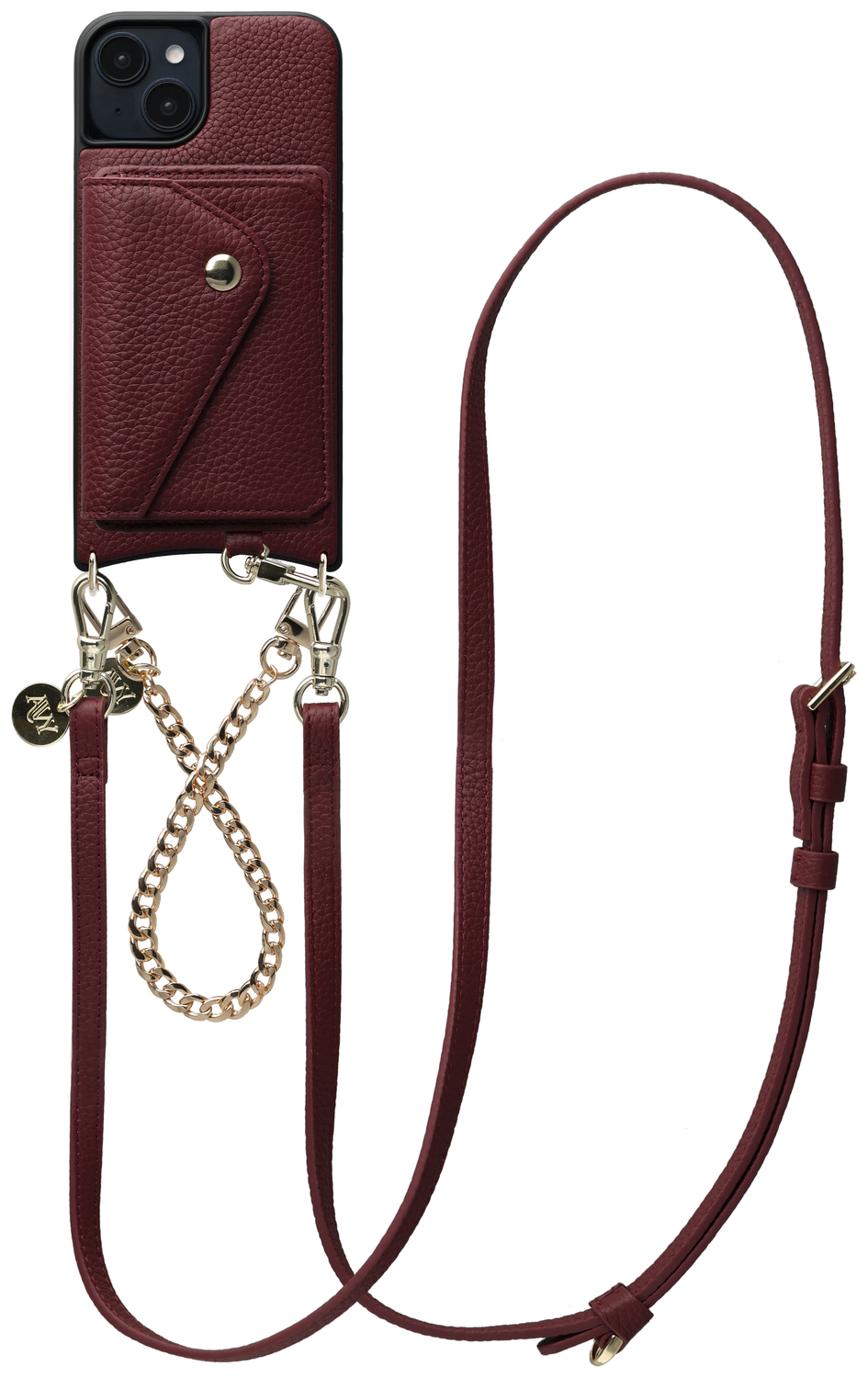 AVY Apple iPhone 15 Burgundy Leren Hoesje met Wallet & Koord Leather and Gold afbeelding 1