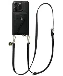 AVY Apple iPhone 15 Pro Zwart Leren Hoesje met Wallet & Koord Long Leather afbeelding