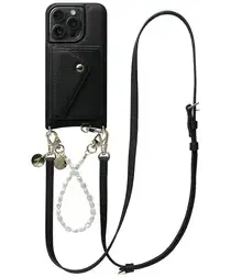 AVY Apple iPhone 15 Pro Zwart Leren Hoesje met Wallet & Koord Leather and Pearls afbeelding