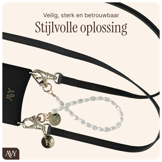 AVY Apple iPhone 15 Pro Zwart Leren Hoesje met Wallet & Koord Leather and Pearls afbeelding 11