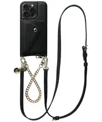 AVY Apple iPhone 15 Pro Zwart Leren Hoesje met Wallet & Koord Leather and Gold afbeelding