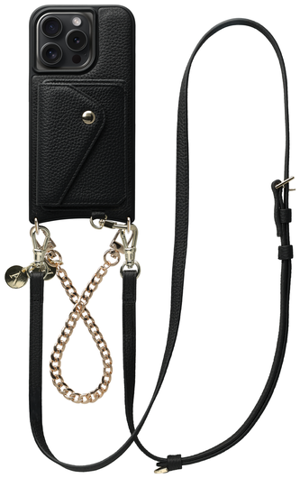 AVY Apple iPhone 15 Pro Zwart Leren Hoesje met Wallet & Koord Leather and Gold afbeelding 1