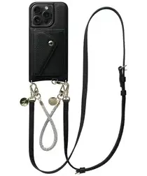 AVY Apple iPhone 15 Pro Zwart Leren Hoesje met Wallet & Koord Leather and Silver afbeelding