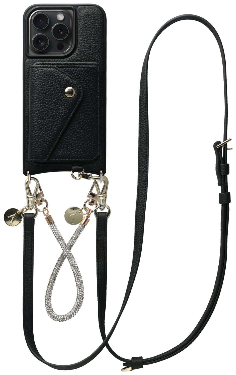 AVY Apple iPhone 15 Pro Zwart Leren Hoesje met Wallet & Koord Leather and Silver afbeelding 1