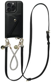 AVY Apple iPhone 15 Pro Zwart Leren Hoesje met Wallet & Koord Leather and Silver afbeelding