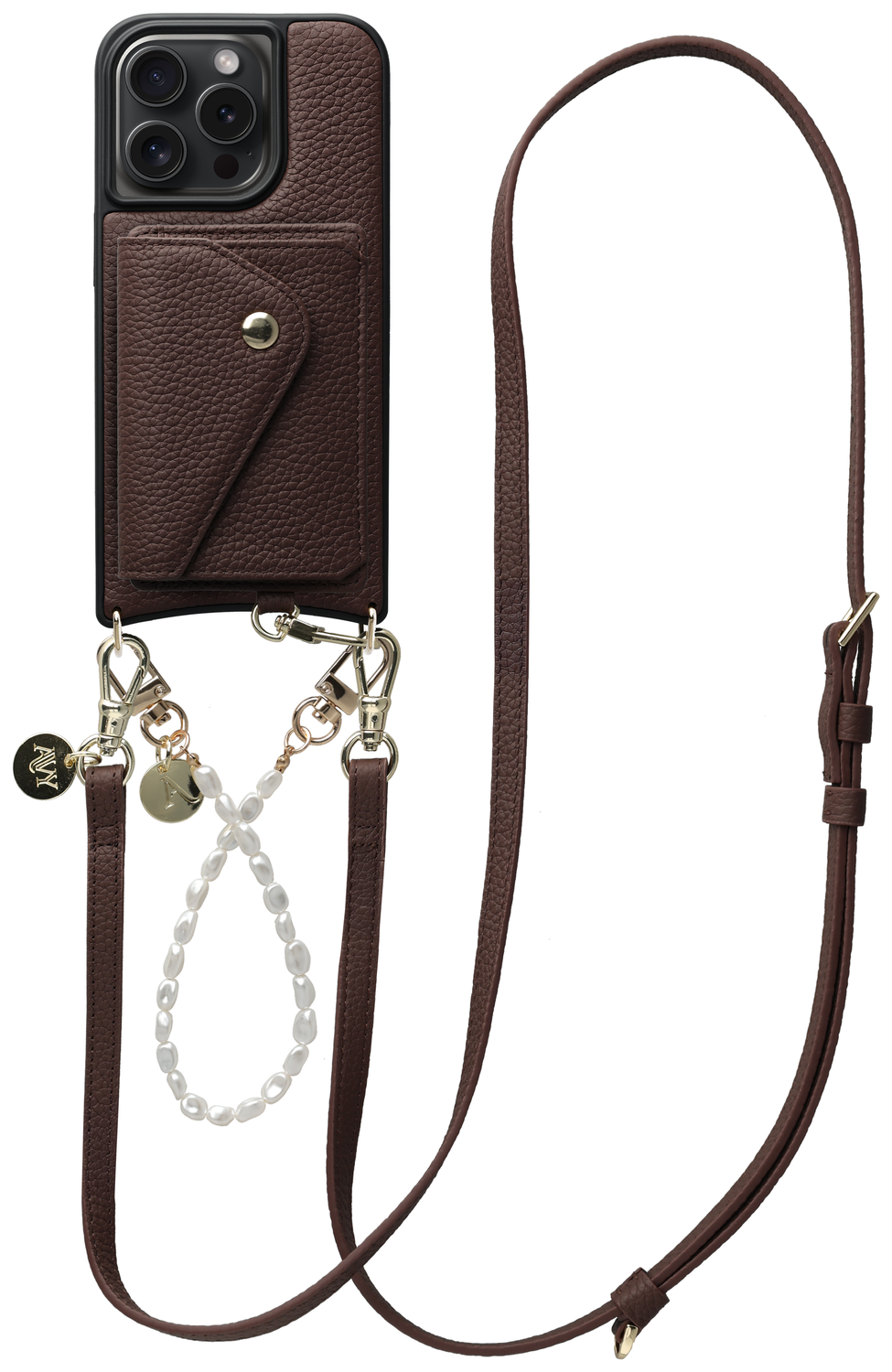 AVY Apple iPhone 15 Pro Bruin Leren Hoesje met Wallet & Koord Leather and Pearls afbeelding 1