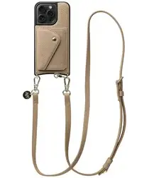 AVY Apple iPhone 15 Pro Beige Leren Hoesje met Wallet & Koord Long Leather afbeelding