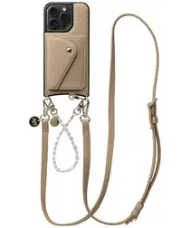 AVY Apple iPhone 15 Pro Beige Leren Hoesje met Wallet & Koord Leather and Pearls afbeelding