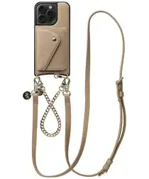 AVY Apple iPhone 15 Pro Beige Leren Hoesje met Wallet & Koord Leather and Gold afbeelding