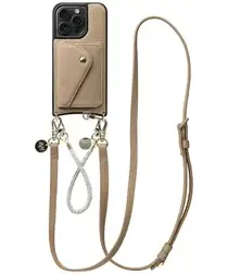 AVY Apple iPhone 15 Pro Beige Leren Hoesje met Wallet & Koord Leather and Silver afbeelding