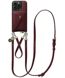 AVY Apple iPhone 15 Pro Burgundy Leren Hoesje met Wallet & Koord Leather Set afbeelding