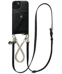 AVY Apple iPhone 13 / 14 Zwart Leren Hoesje Wallet & Koord Leather and Gold afbeelding