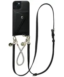AVY Apple iPhone 13 / 14 Zwart Leren Hoesje Wallet & Koord Leather and Silver afbeelding