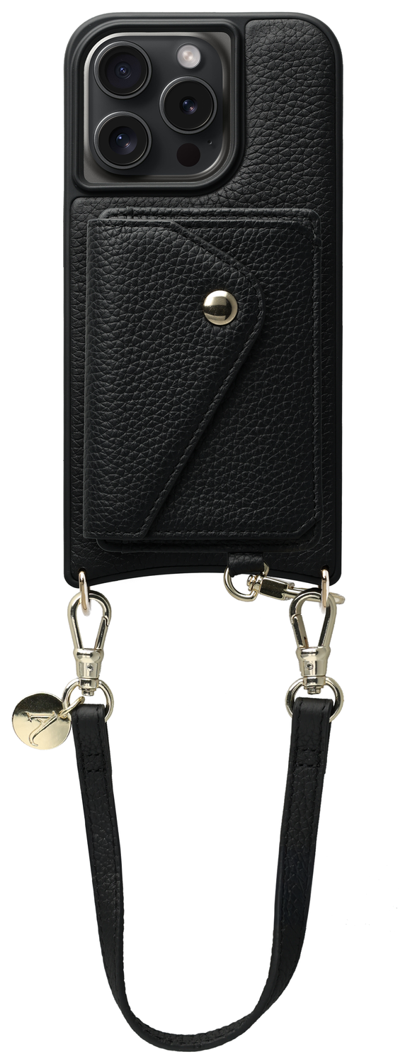 AVY Apple iPhone 14 Pro Zwart Leren Hoesje met Wallet & Koord Short Leather afbeelding 1