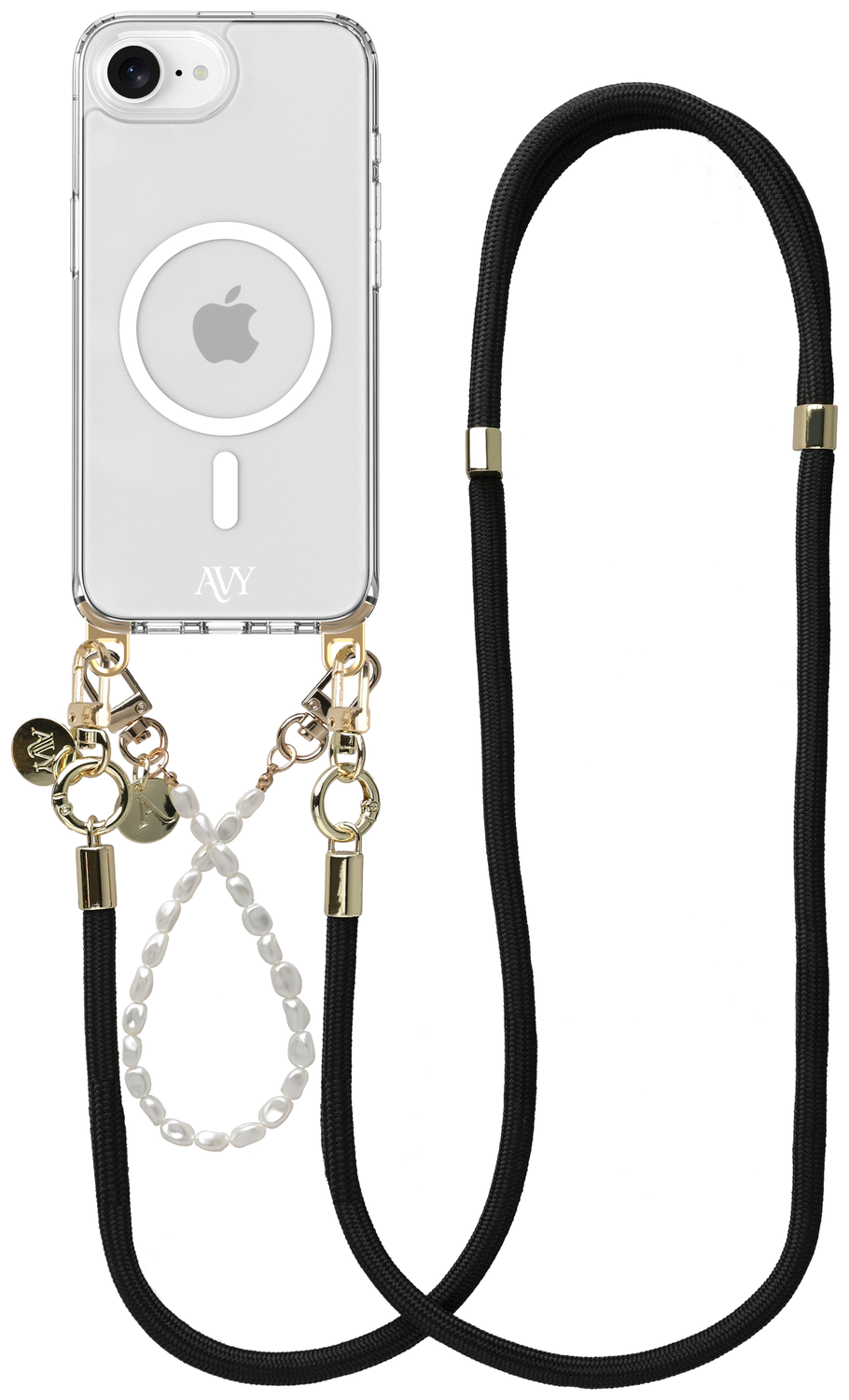 AVY Apple iPhone 16e Hoesje met Koord & MagSafe Set Pearl & Rope Black afbeelding 1