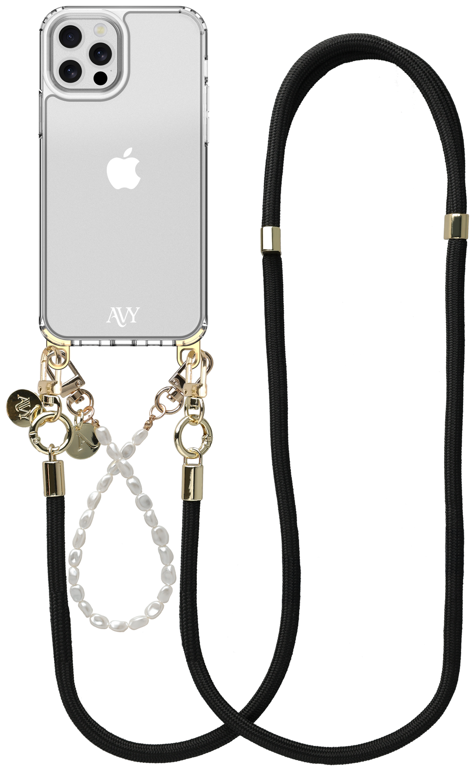 AVY Apple iPhone 12 / 12 Pro Hoesje met Koord & MagSafe Set Pearl & Rope Black afbeelding 1