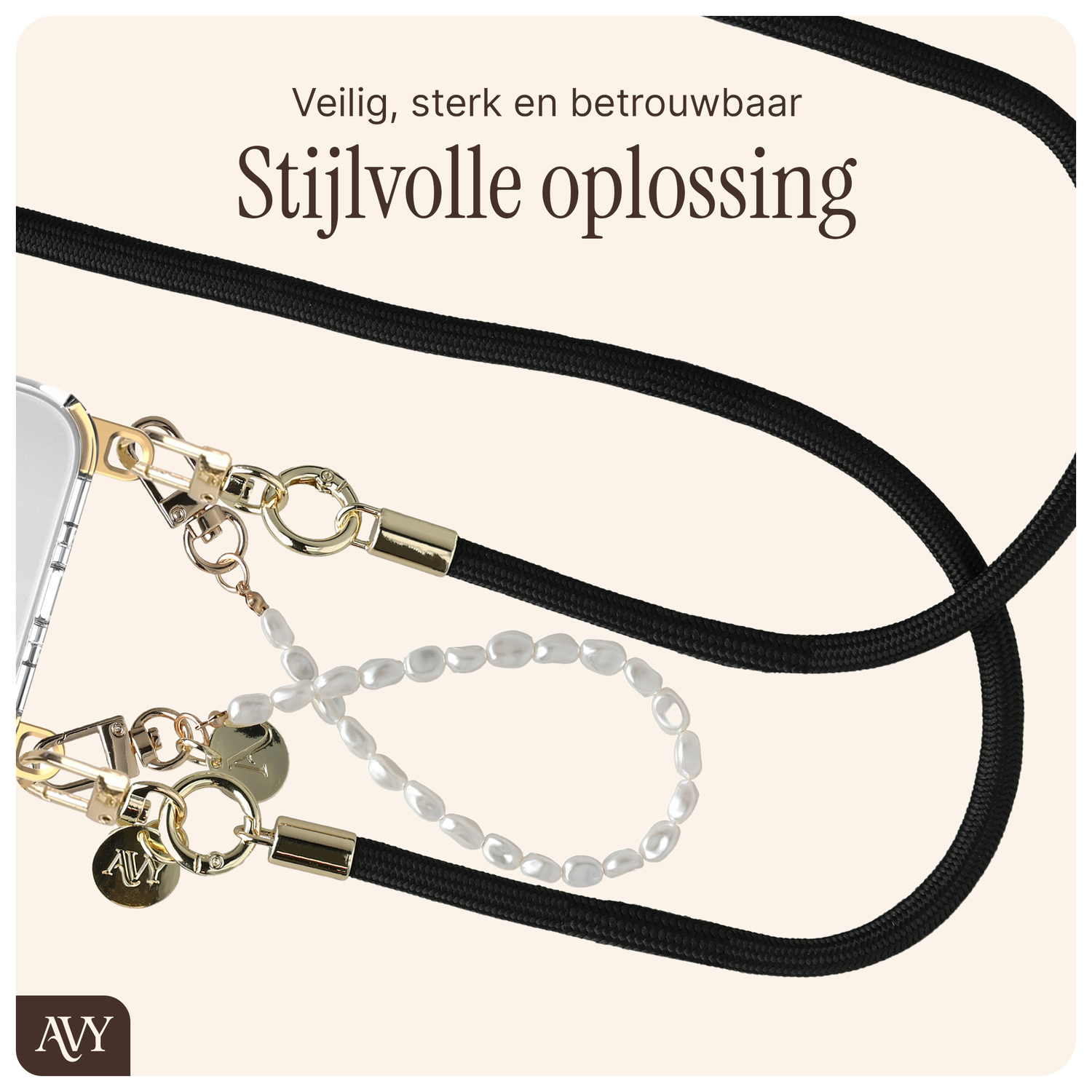 AVY Samsung S25 Plus / S24 Plus MagSafe Hoesje met Koord Set Pearl & Rope Black afbeelding 8