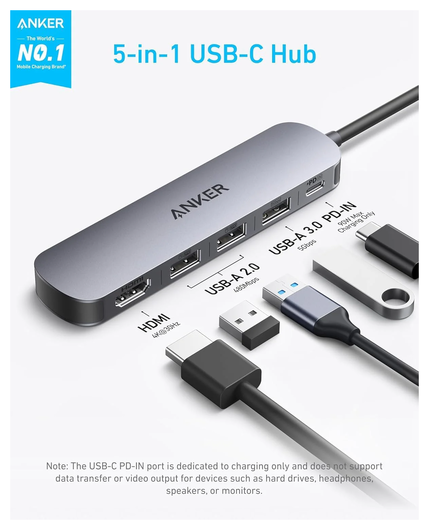 Anker 5-in-1 Hub USB/30W USB-C Power Delivery/HDMI 4@30HDMI Grijs afbeelding 2