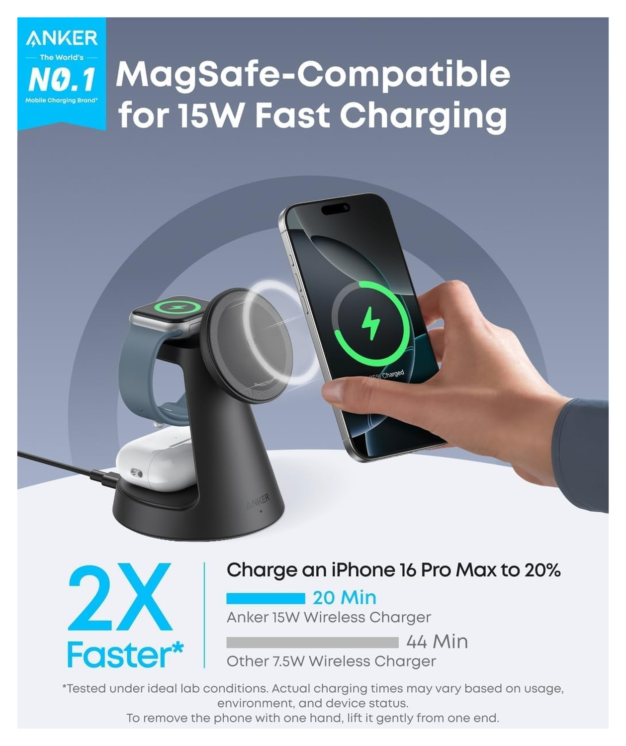 Anker (15W) 3-in-1 Draadloze MagSafe Oplader iPhone/AirPods (Pro)/Apple Watch afbeelding 3