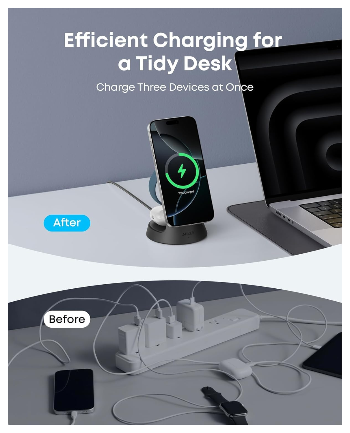 Anker (15W) 3-in-1 Draadloze MagSafe Oplader iPhone/AirPods (Pro)/Apple Watch afbeelding 5