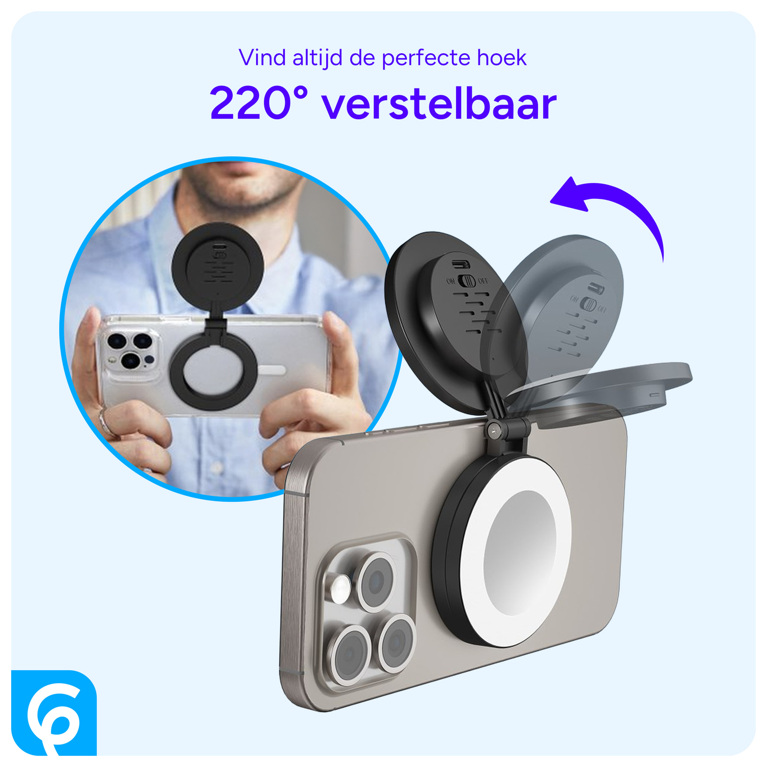 MagSafe Telefoon Spiegel voor Make Up/Vloggen/Foto/Selfie Zwart afbeelding 6