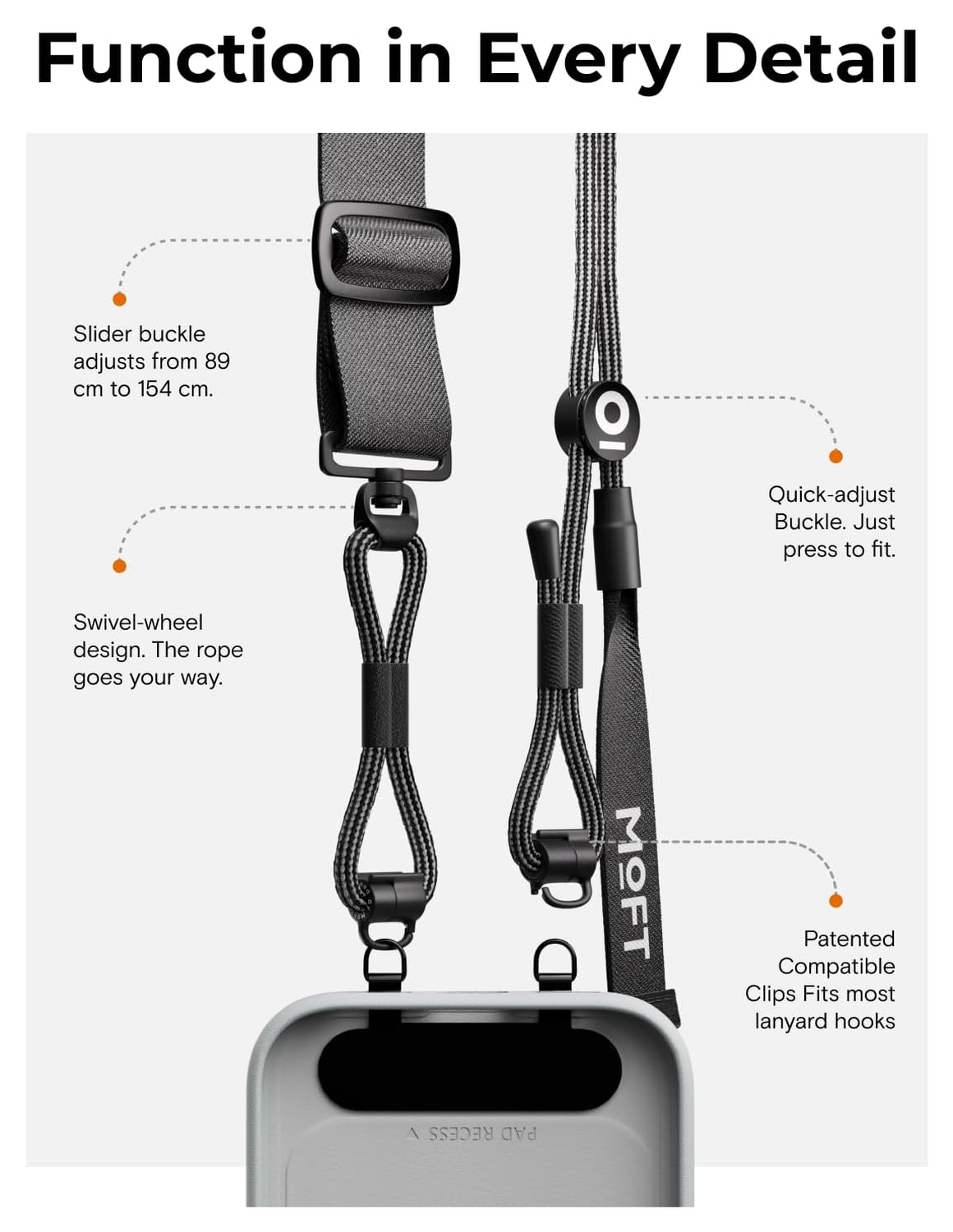 MOFT Universeel Crossbody Telefoonkoord / Telefoonketting Verstelbaar Grijs afbeelding 4