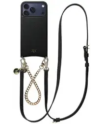 AVY Apple iPhone 17 Pro Max Zwart Leren Hoesje met Koord Leather and Gold afbeelding