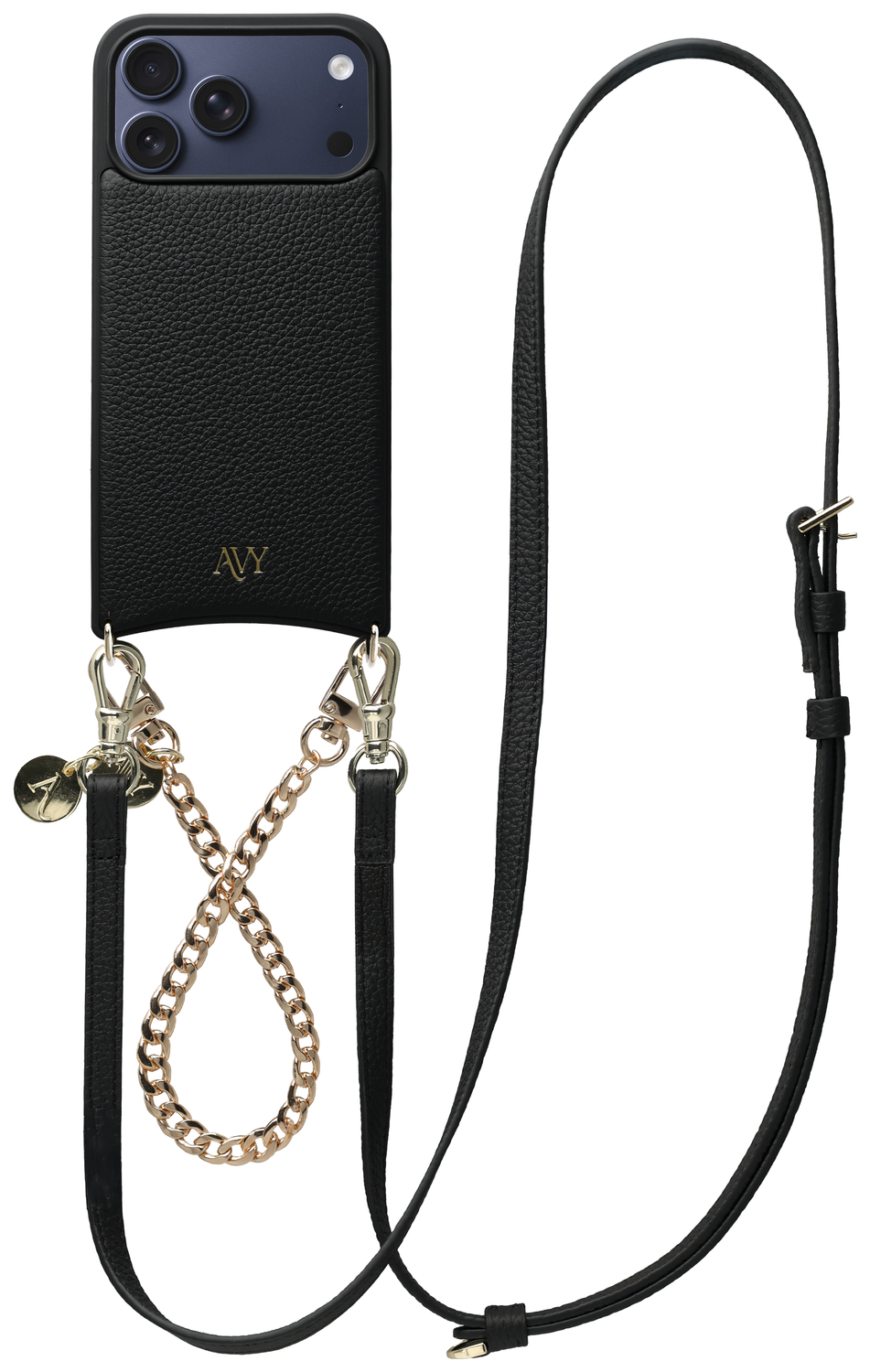 AVY Apple iPhone 17 Pro Max Zwart Leren Hoesje met Koord Leather and Gold afbeelding 1