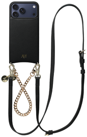 AVY Apple iPhone 17 Pro Max Zwart Leren Hoesje met Koord Leather and Gold