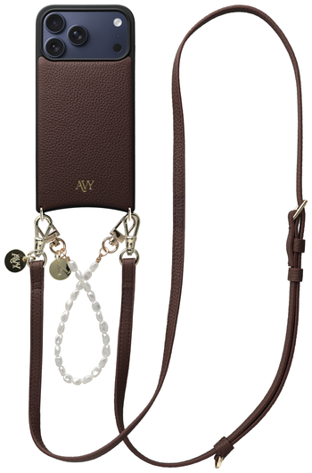 AVY Apple iPhone 17 Pro Max Bruin Leren Hoesje met Koord Leather and Pearls afbeelding 1