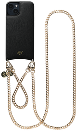 AVY Apple iPhone 15 Zwart Leren Hoesje met Koord Aurum Lien Set