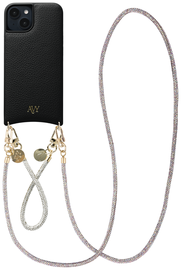 AVY Apple iPhone 15 Zwart Leren Hoesje met Koord Silver Spark Set afbeelding