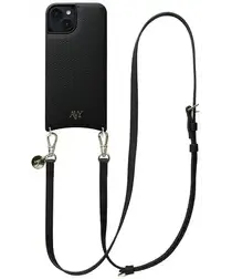 AVY Apple iPhone 15 Zwart Leren Hoesje met Koord Long Leather afbeelding