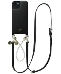 AVY Apple iPhone 15 Zwart Leren Hoesje met Koord Leather and Pearls afbeelding