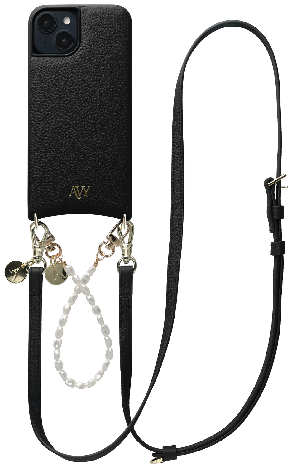AVY Apple iPhone 15 Zwart Leren Hoesje met Koord Leather and Pearls afbeelding 1