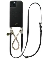 AVY Apple iPhone 15 Zwart Leren Hoesje met Koord Leather and Gold afbeelding