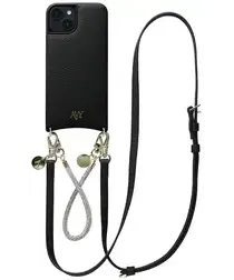 AVY Apple iPhone 15 Zwart Leren Hoesje met Koord Leather and Silver afbeelding