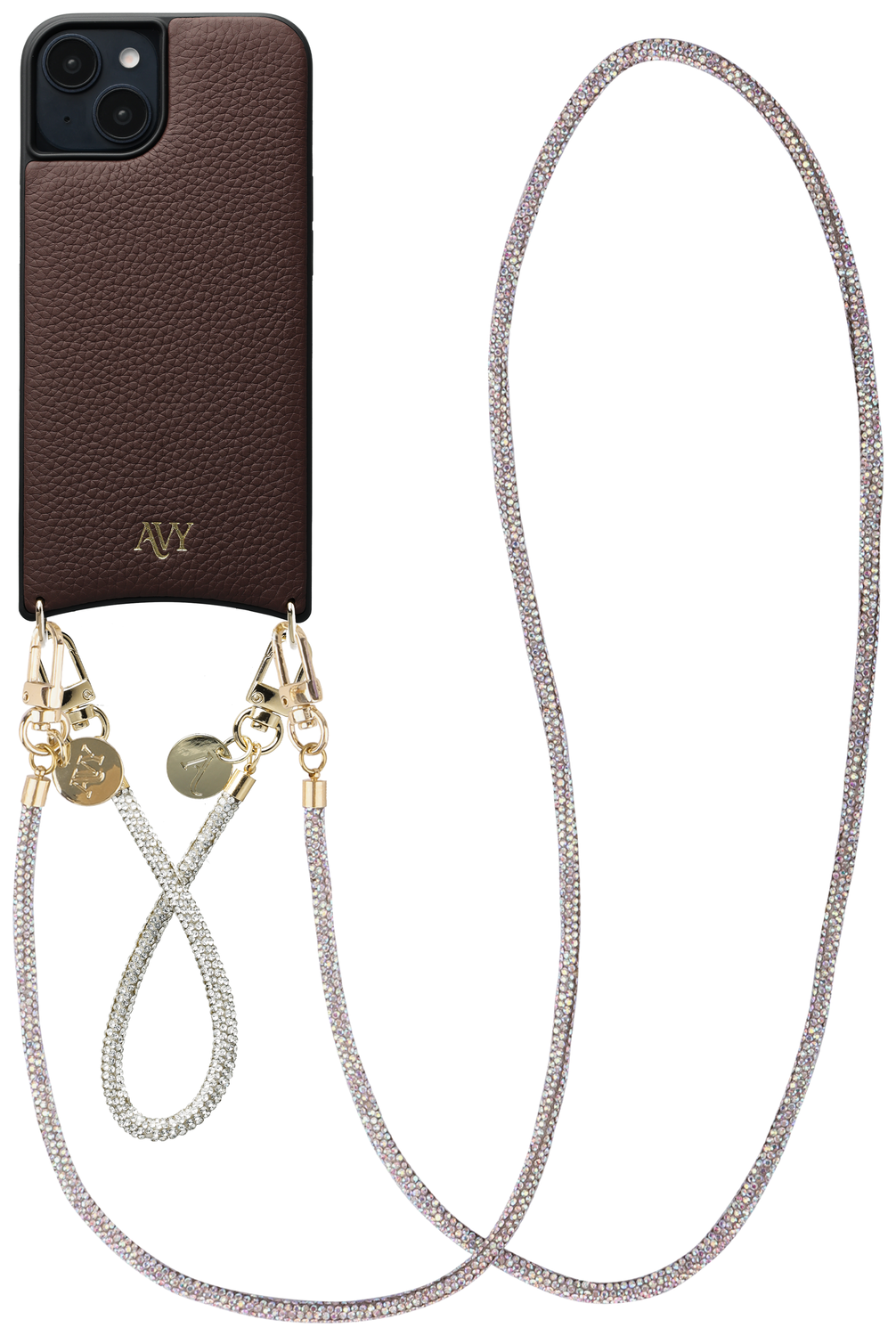 AVY Apple iPhone 15 Bruin Leren Hoesje met Koord Silver Spark Set afbeelding 1