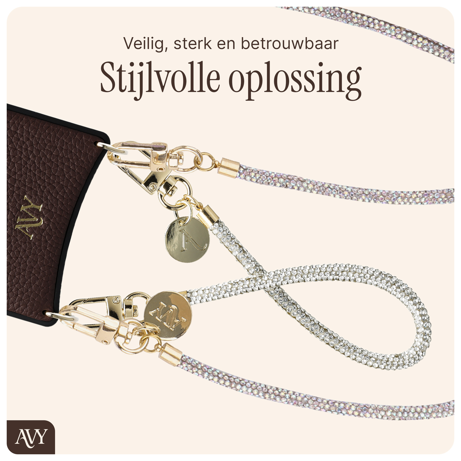 AVY Apple iPhone 15 Bruin Leren Hoesje met Koord Silver Spark Set afbeelding 9