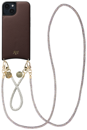 AVY Apple iPhone 15 Bruin Leren Hoesje met Koord Silver Spark Set afbeelding 1