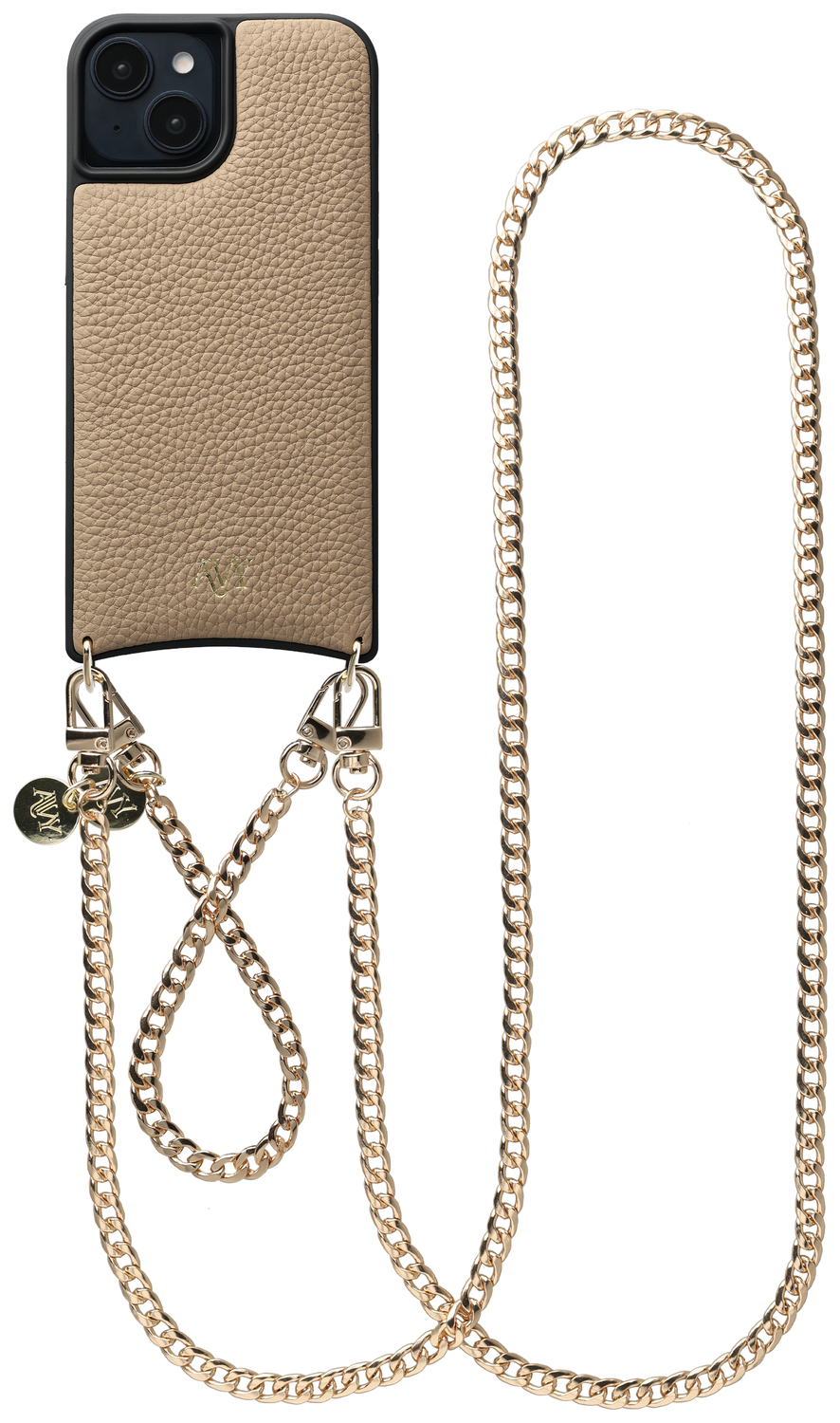 AVY Apple iPhone 15 Beige Leren Hoesje met Koord Aurum Lien Set afbeelding 1