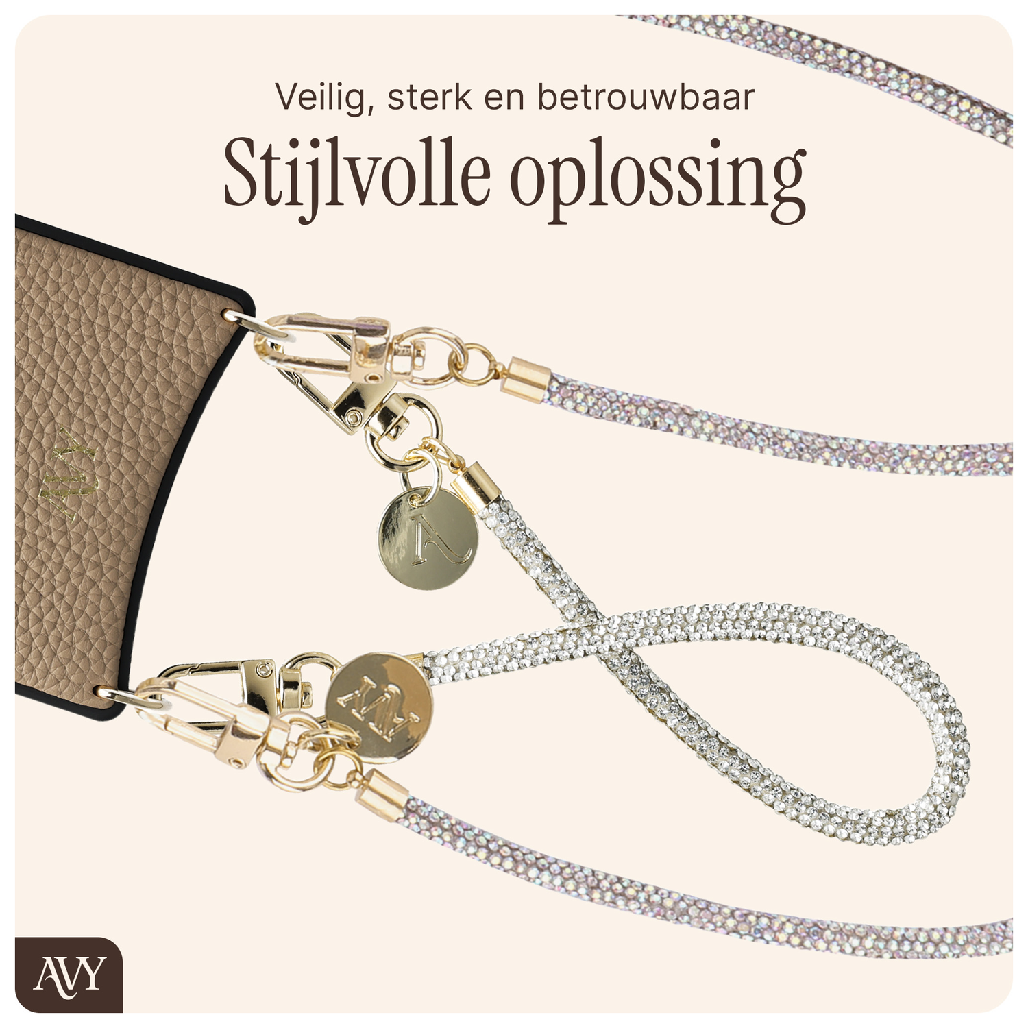 AVY Apple iPhone 15 Beige Leren Hoesje met Koord Silver Spark Set afbeelding 9
