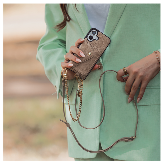 AVY Apple iPhone 15 Beige Leren Hoesje met Koord Long Leather afbeelding 4
