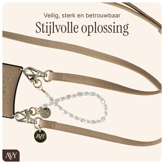 AVY Apple iPhone 15 Beige Leren Hoesje met Koord Leather and Pearls afbeelding 9