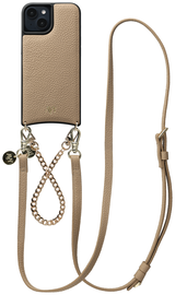 AVY Apple iPhone 15 Beige Leren Hoesje met Koord Leather and Gold