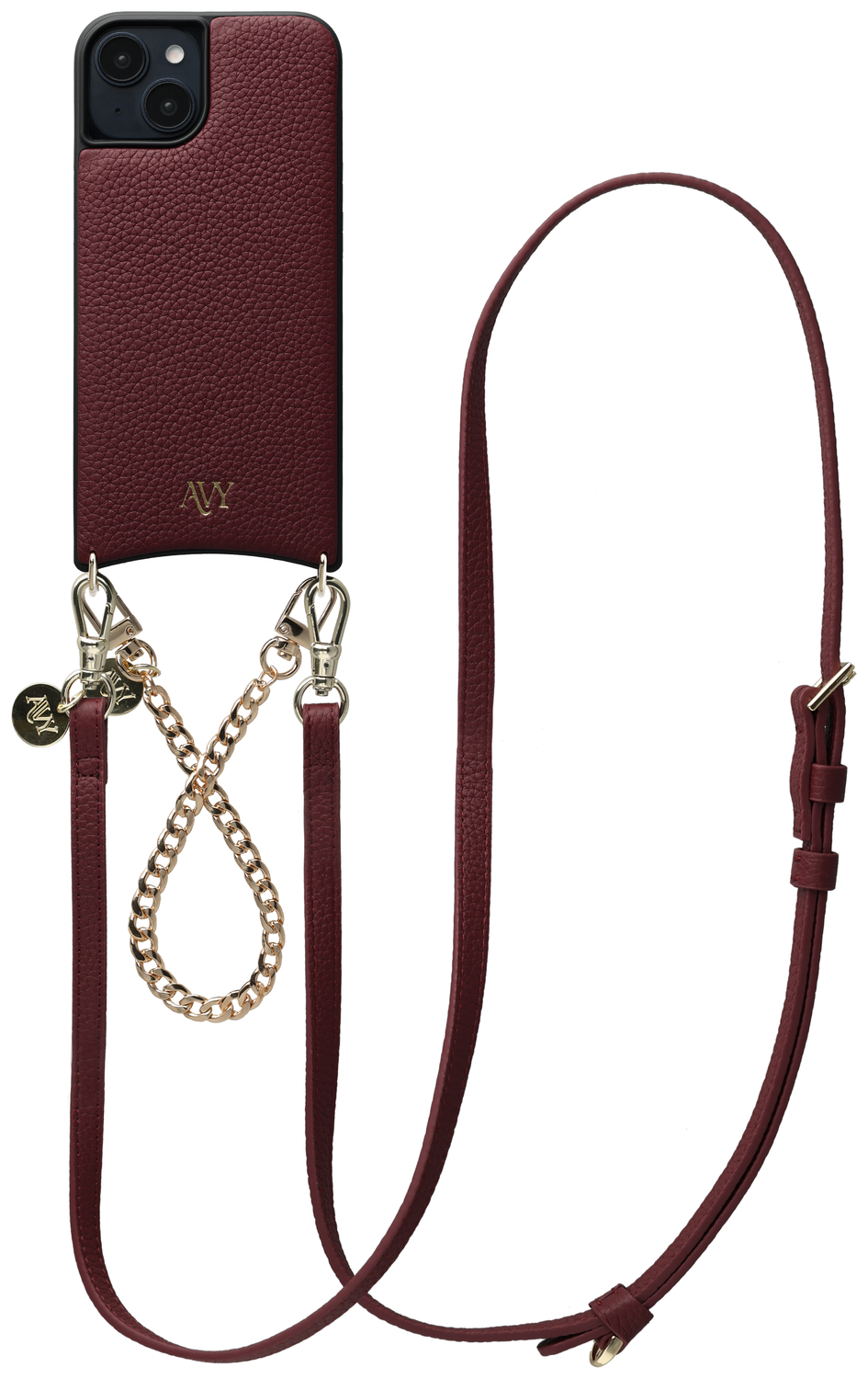 AVY Apple iPhone 15 Burgundy Leren Hoesje met Koord Leather and Gold afbeelding 1